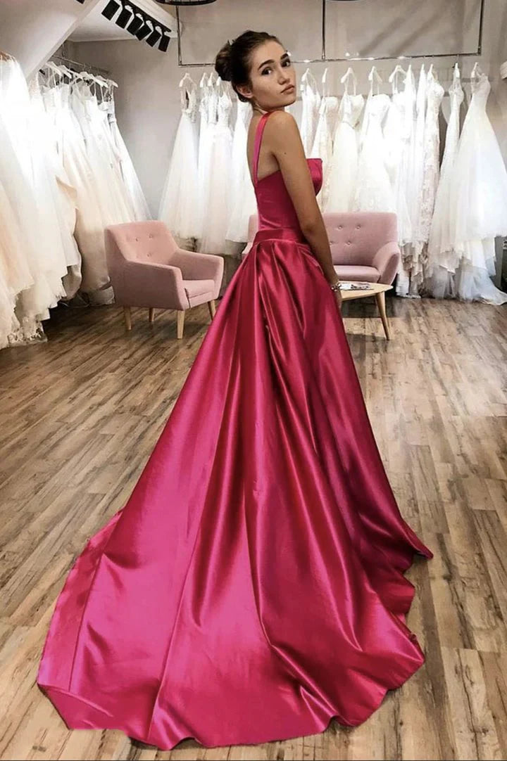Vestidos formales para mujer, precioso vestido de noche largo de satén rojo, sin mangas, con cola larga, vestido de fiesta / Tienda de vestidos de fiesta